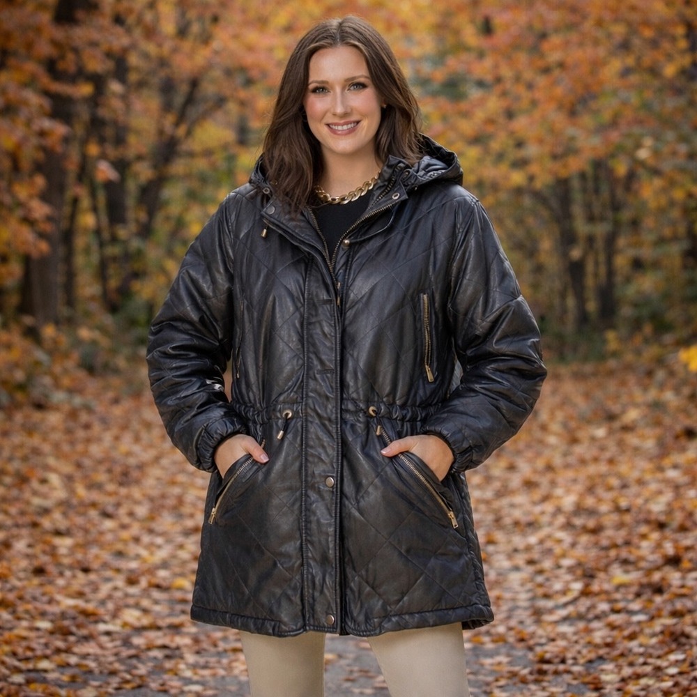 Winlit Vintage Black Quilted Genuine Leather Hooded Parka Coat Womens Sm PK180‎
